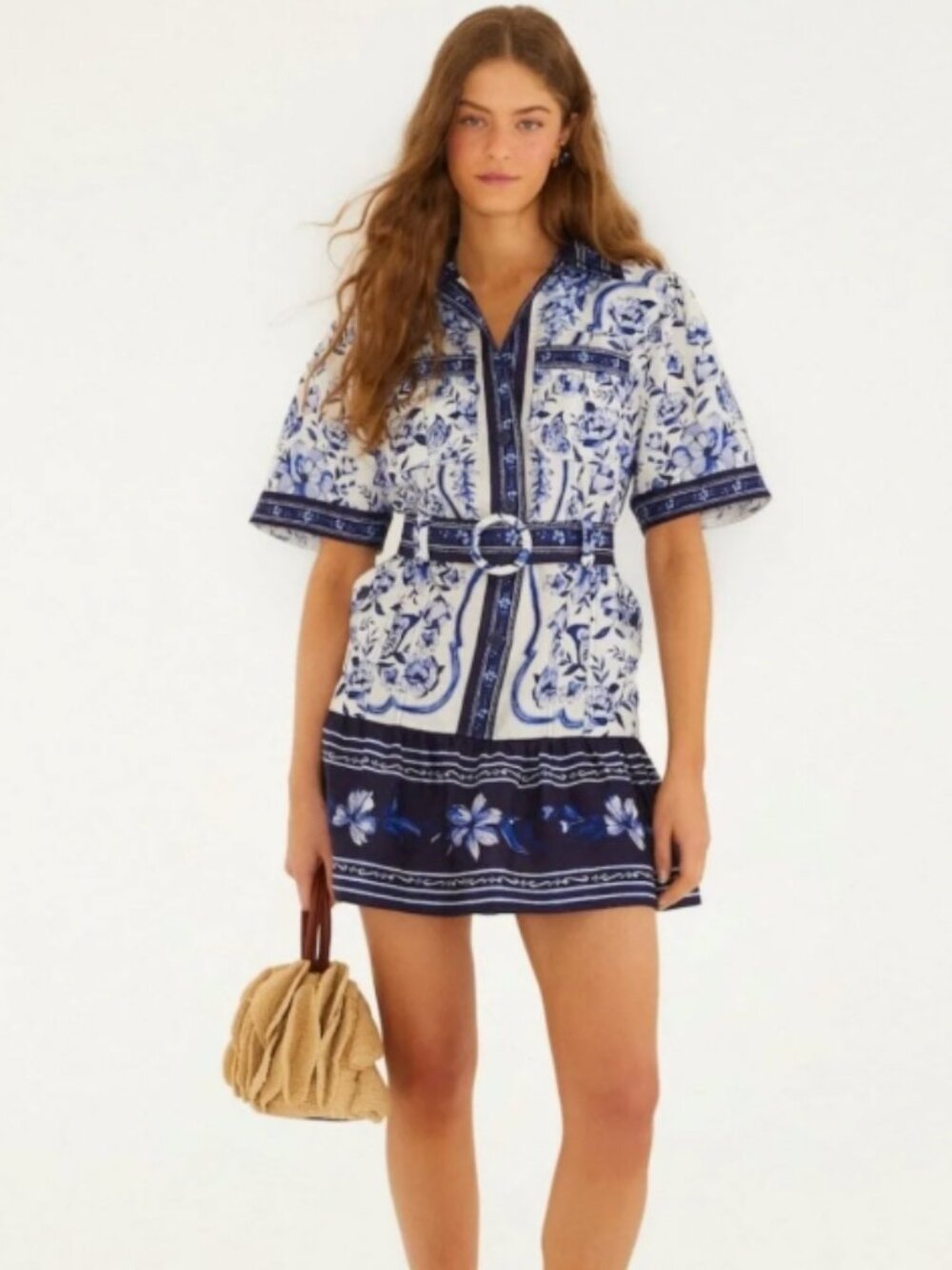 Farm Rio Off-white & Blue Porcelain Garden Short Sleeves Mini Dress Medium NWT